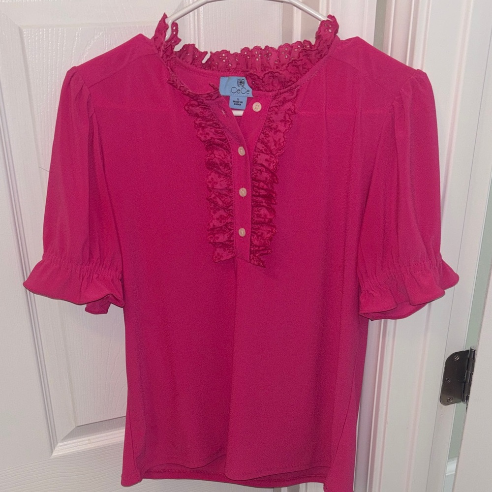 CeCe Fuchsia Ruffled Short Sleeve Blouse